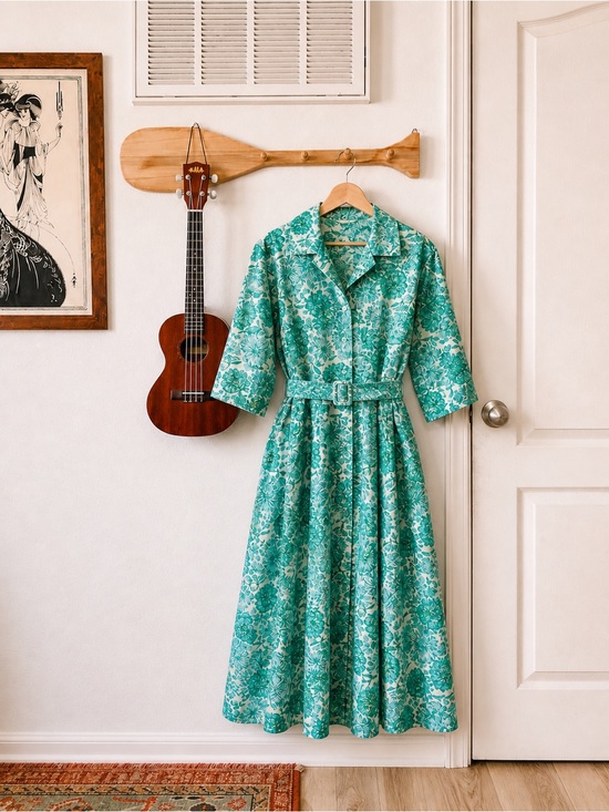 Silver Palm Dresses & Skirts - Vintage Silver Palm Cali Teal Floral Pinup Dress w Original Belt Retro 60s L